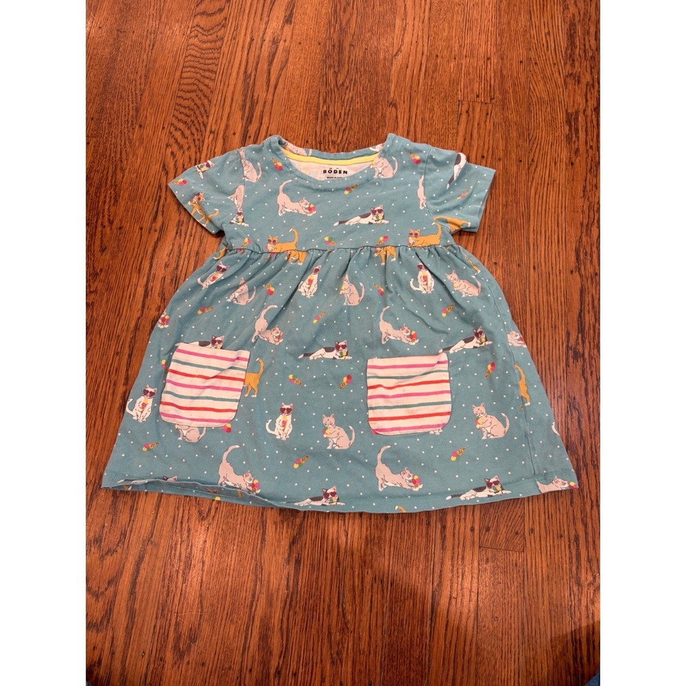 Mini Boden Girls Blue Cat Ice Cream Polka Dot Jersey Dress 7-8Y